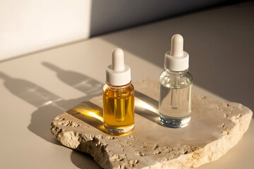 Transparent Liquid Beauty Products, Facial Serum or Oil Styled on Stone with Natural Shadow Background