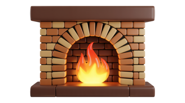 Cozy brick fireplace with a warm glowing fire burning inside isolated on transparent background