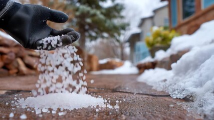 319Macro shot of rock salt grains falling from gloved hand onto icy driveway, ice crystals and tiny puddles forming, snow-dusted yard softly blurred in the background - Powered by Adobe