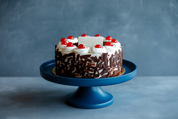 Stylish Black Forest Cake Presentation on Blue Stand Before Grey Background