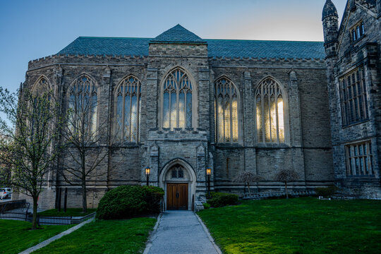 Trinity College chapel exterior at sunset