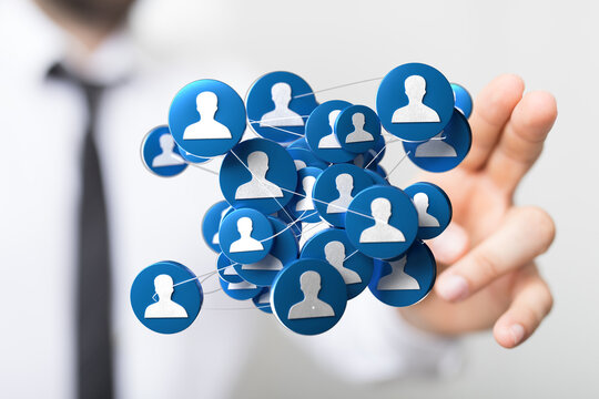 Person touching a network of connected people icons symbolizing communication, collaboration and connections. Social network concept in 3D.