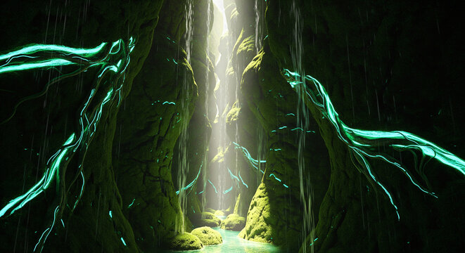 Deep Green Gorge with Glowing Roots and a Stream, Illuminated by a Ray of Light