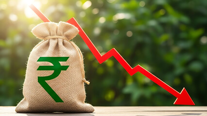 Indian rupee bag with red arrow indicating financial loss and economic downturn