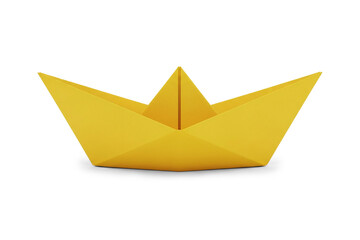 3D Render of Yellow Origami Paper Boat on White Background