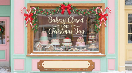 Christmas bakery window display closed on Christmas Day, bakery, christmas, closed, holiday, window, display, cakes, cookies, gingerbread house, candy canes, holly, wreath, red bow, festive, winter, s