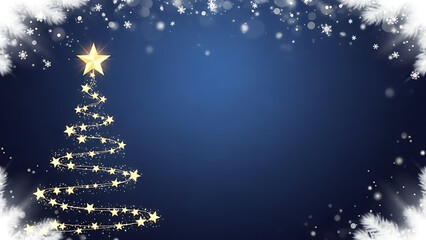 Sparkling christmas tree with star and snowflakes on dark blue background