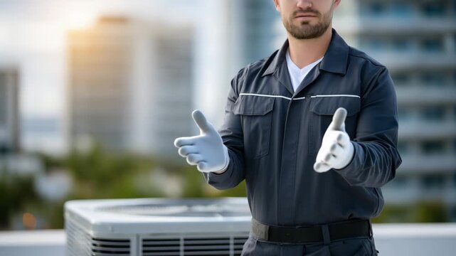 355Rooftop HVAC maintenance, man in uniform and gloves inspecting compressor unit, sunlight glinting off aluminum housing, urban buildings softly blurred behind