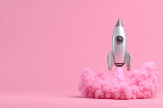 Rocket launches amidst vibrant pink smoke, symbolizing creativit