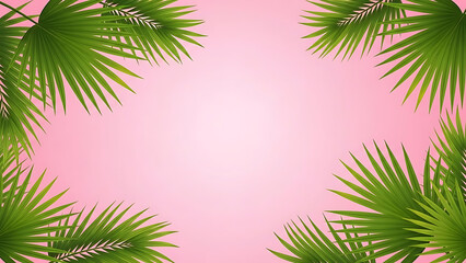 Tropical palm leaves frame a soft pink background with a subtle gradient