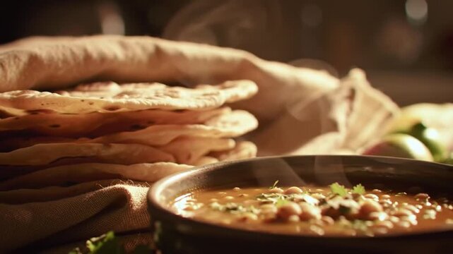 A warm and inviting scene, featuring a steaming bowl of soup, alongside a stack of flatbread