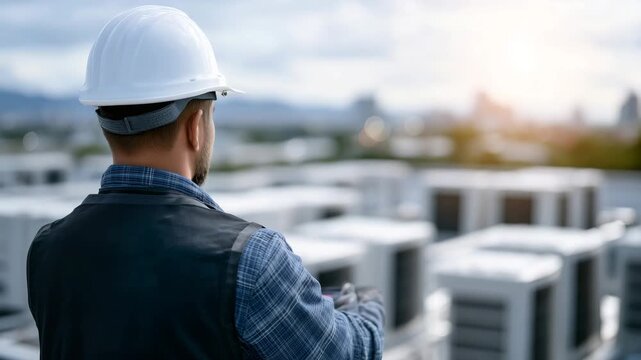 363Wide shot of man working on commercial rooftop AC unit, multiple units lined up, rooftop reflected in sunlight, technician performing preventive maintenance