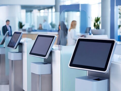 Self-Service Kiosk Screens in Modern Bank Branch Interior