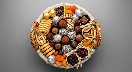 Neatly Arranged Food Hamper Flat Lay for Holidays or Celebration – Gourmet Sweet and Dried Fruit Selection
