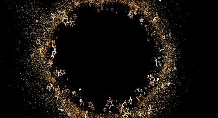 Elegant golden star confetti and star shapes creating a sparkling circular frame against a rich black background, ideal for