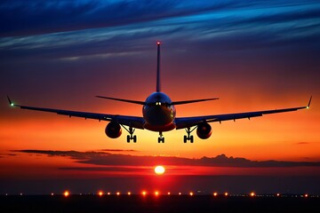 Airplane landing during a dramatic sunset over a runway