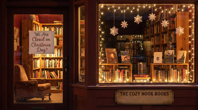Cozy bookshop window display with Christmas lights and snowflake decorations, book store, bookshop, window display, christmas lights, snowflake decorations, closed sign, christmas day, armchair, books