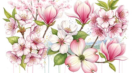 Fototapeta premium Watercolor floral arrangement of blossoming flowers and branches on white background