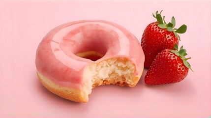Bitten Strawberry Glazed Donut with Strawberries
