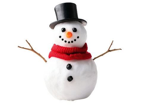 Classic Snowman with Carrot Nose and Scarf, Front View, Isolated PNG