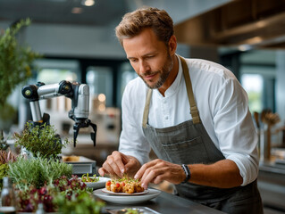 Professional chef and robot collaboration modern kitchen. Chef meticulously plating savory food. Intense focus and serious expression ensure
