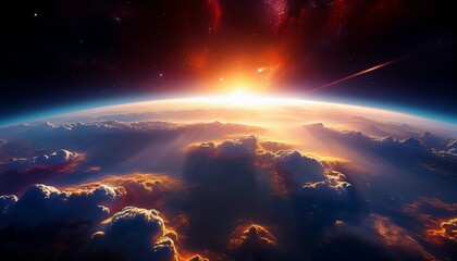 Obraz premium earth rising sunrise from space vast expanse of dark space planet earth a sunrise over clouds