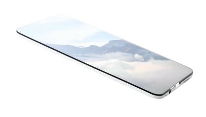 Phone displays serene mountain landscape against a cloudy sky