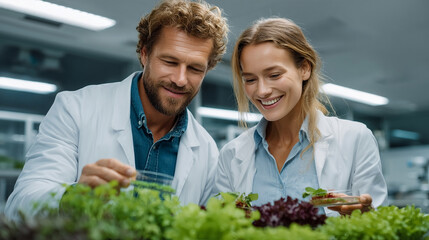 Scientist researcher plant laboratory experiment happy teamwork analysis reveals success in modern indoor agriculture