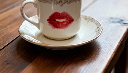 Mug on saucer with lipstick stain in soft daylight, detailed quiet mood, photorealistic style