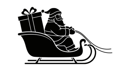 Silhouette of Santa Claus riding in a sleigh pulled by reindeer, carrying a large gift.