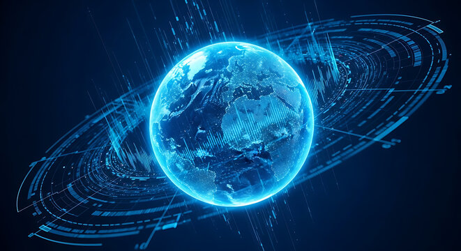 A glowing blue earth surrounded by digital rings and lines on a dark blue background design