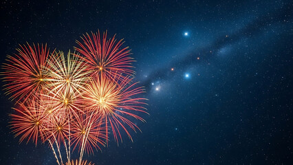 Vibrant fireworks explode against a starry night sky with nebula