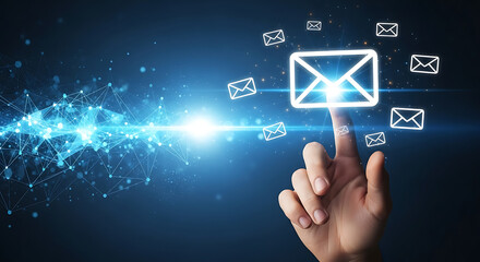 A finger touching a glowing email icon surrounded by other email icons on a blue background
