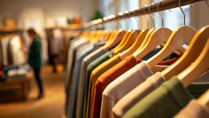 Fototapeta premium Modern Clothing Store Interior with Hanging Sweaters and Soft Lighting