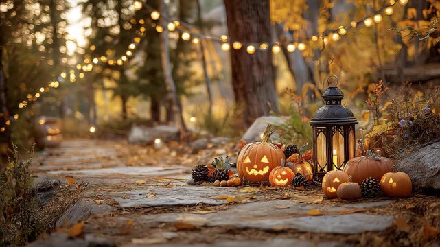 autumn outdoor still life of assorted pumpkins, including carved jack-o lanterns glowing warmly, arranged with pinecones and acorns on a weathered stone pathway strewn
