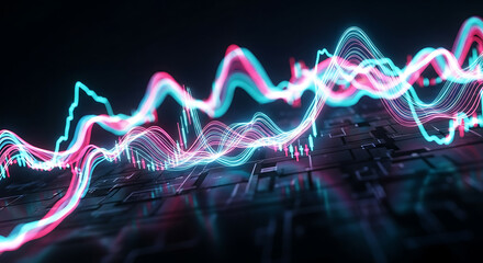 Abstract financial graph with neon lines showing market trends and data analysis display