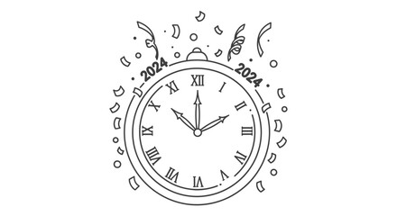 A black and white line drawing of a clock striking midnight, celebrating New Year's Eve 2024 with confetti.