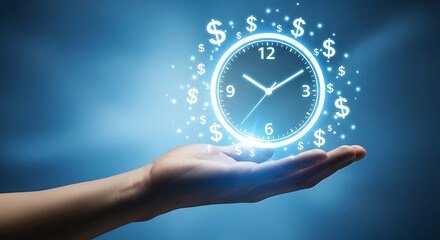 Hand holding glowing clock surrounded by dollar signs on a blue gradient background design concept