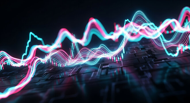 Abstract financial graph with neon lines showing market trends and data analysis display