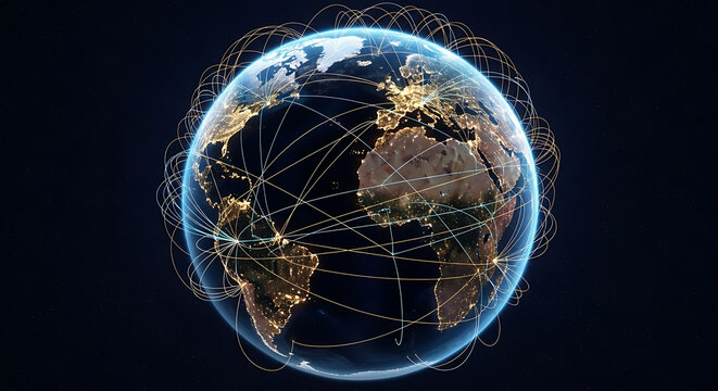 Illuminated earth globe surrounded by network lines against a dark blue background in a digital rendering