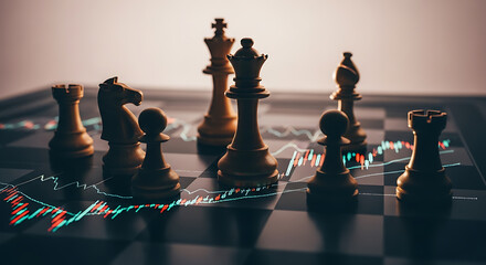 Chess pieces on a board with stock market chart overlay representing strategic financial decisions