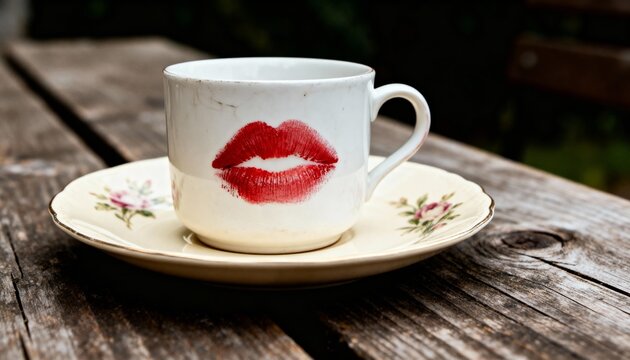 Mug on saucer with lipstick stain in soft daylight, detailed quiet mood, photorealistic style - Powered by Adobe