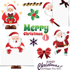 Christmas and New Year Vector Set with Cute Santa, Holiday Elements and Festive Decorations
