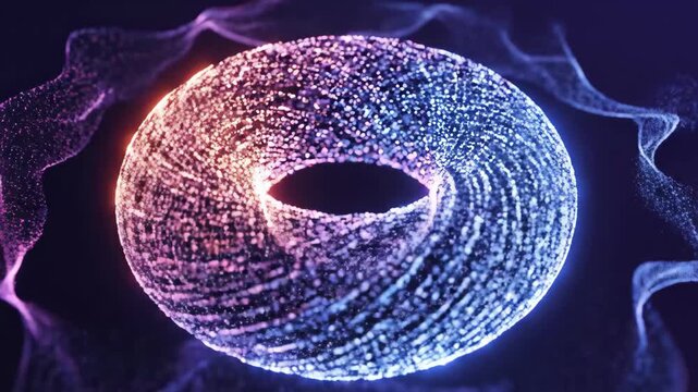 Dynamic abstract donut shape animation with glowing particles and flowing energy