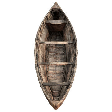 Top-Down View of Weathered Wooden Canoe with Open Seating, Transparent Background