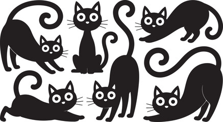 Various black cats in different poses with curly tails and big eyes on white background © Umar