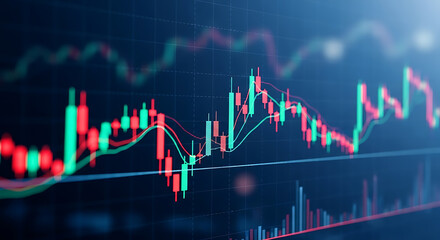 A detailed view of a financial chart showing stock market trends with red and green candlestick patterns