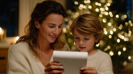 399Close-up of mother showing child the dangers of overloaded power strip, holiday tree softly glowing in background, emphasizing fire safety and awareness