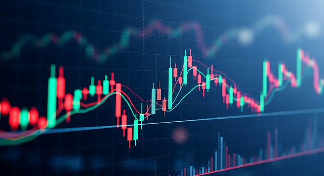A detailed view of a financial chart showing stock market trends with red and green candlestick patterns