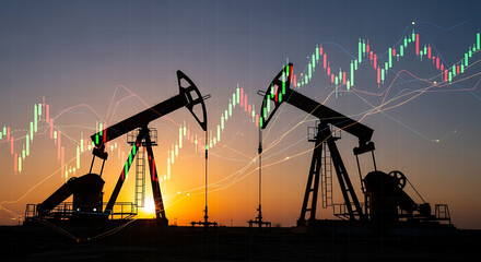 Oil pumps at sunset with stock market overlay showing financial trends and economic indicators